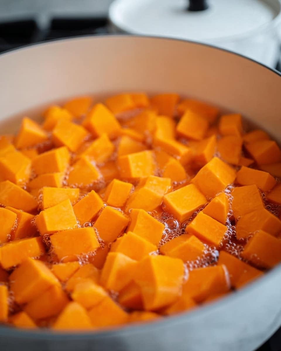 The image shows a close-up view of bright orange chunks of sweet potato soaking in water inside a white pot. The sweet potato pieces are evenly cut into small cubes, filling almost the entire pot, with some gentle bubbles floating on the surface of the water. The pot sits on a smooth, white marbled surface, and a second pot with a white interior and a black handle is blurred in the background. The lighting is soft, giving the sweet potatoes a fresh and vibrant appearance photo taken with an iphone --ar 4:5 --v 7