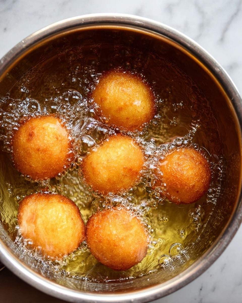 The image shows six small, round balls of dough frying in hot oil inside a silver pot. The dough balls are golden brown with a soft texture, surrounded by bubbles from the boiling oil. The pot sits on a white marbled surface, and the oil reflects warm light, making the dough balls look crispy and freshly cooked. Photo taken with an iphone --ar 4:5 --v 7