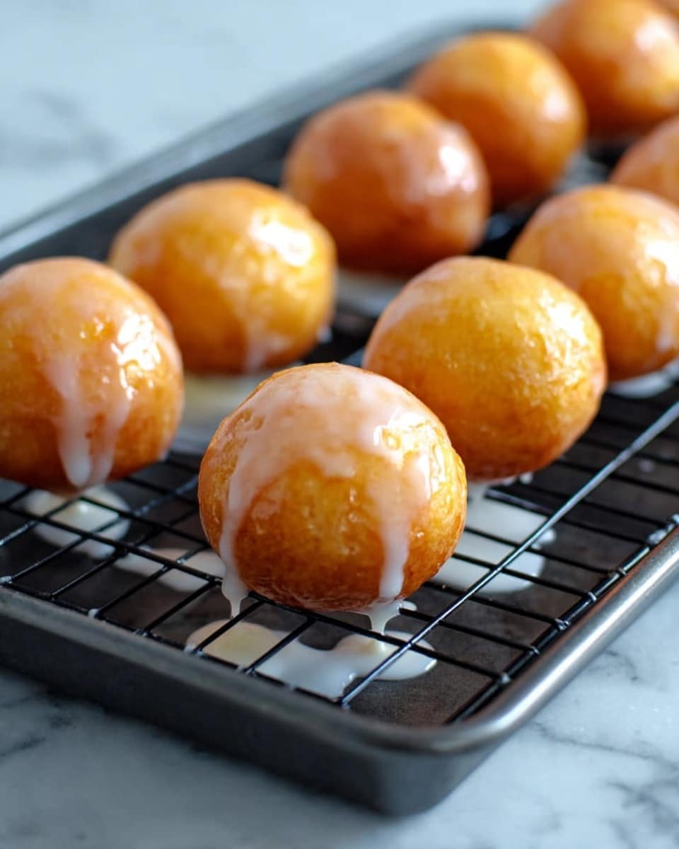 The image shows a row of round, golden brown dough balls placed on a black cooling rack set above a metal tray. Each dough ball has a smooth, shiny surface with a light glaze that reflects the light, dripping slightly down the sides and onto the black rack. The metal tray beneath catches small pools of white glaze, creating a glossy contrast against the warm-colored dough balls. The background beneath the tray is a white marbled texture. photo taken with an iphone --ar 4:5 --v 7