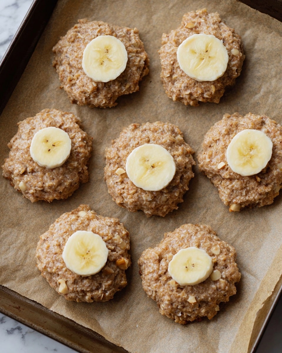 The image shows seven rough-textured, round cookies placed on brown parchment paper on a baking tray. Each cookie is light brown with visible small nut pieces mixed in, and has a single, thin, circular slice of pale yellow banana centered on top. The cookies have a thick and chunky layer, with a slightly uneven surface and soft appearance. The tray rests on a white marbled surface. photo taken with an iphone --ar 4:5 --v 7