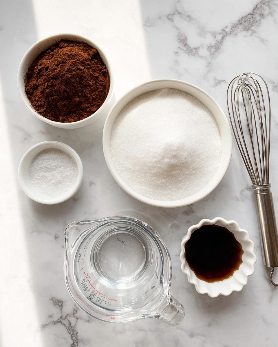 The image shows five containers with different ingredients placed on a white marbled surface, along with a metal whisk on the right side. There is one clear glass measuring cup at the bottom with clear liquid inside. Above it, a large white bowl filled with white granulated sugar with a slightly uneven surface is visible. To the top left, a white bowl contains dark brown cocoa powder with a small metal whisk inside it. To the right of this bowl, there is a small white fluted dish holding a dark brown liquid, possibly vanilla extract. In the lower left area, a very small white dish contains a pinch of fine white salt. The scene is bright and clear, with natural light creating soft shadows. Photo taken with an iphone --ar 4:5 --v 7