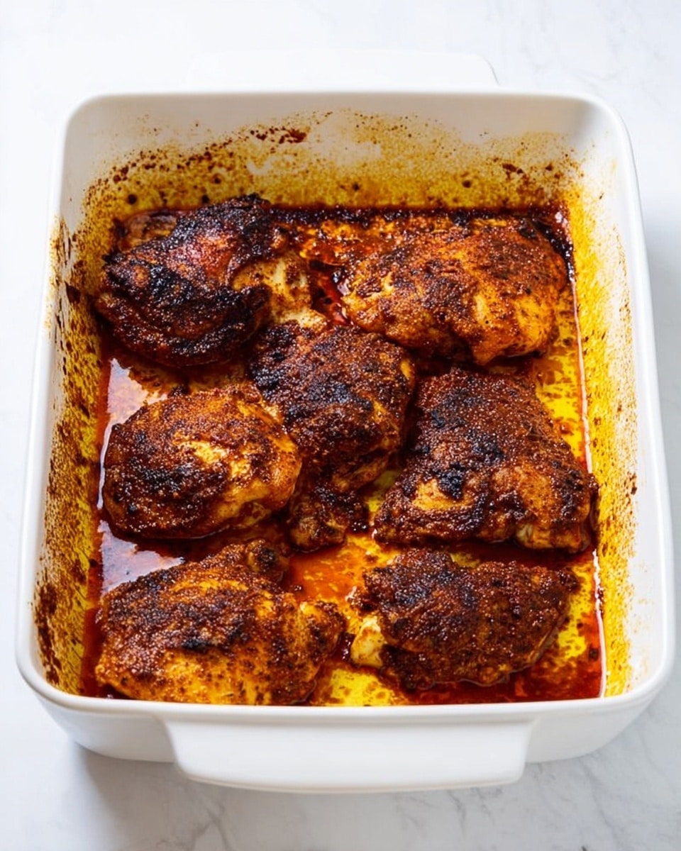 In a white rectangular baking dish, there are six pieces of cooked chicken coated with rich, dark reddish-brown spices and herbs, showing a slightly crispy, textured surface. The chicken pieces sit in a small pool of oily, burnt reddish sauce that spreads unevenly over the white surface of the dish. The edges of the sauce have browned and darkened, adding a contrast with the white of the dish. The background is a white marbled texture. Photo taken with an iphone --ar 4:5 --v 7