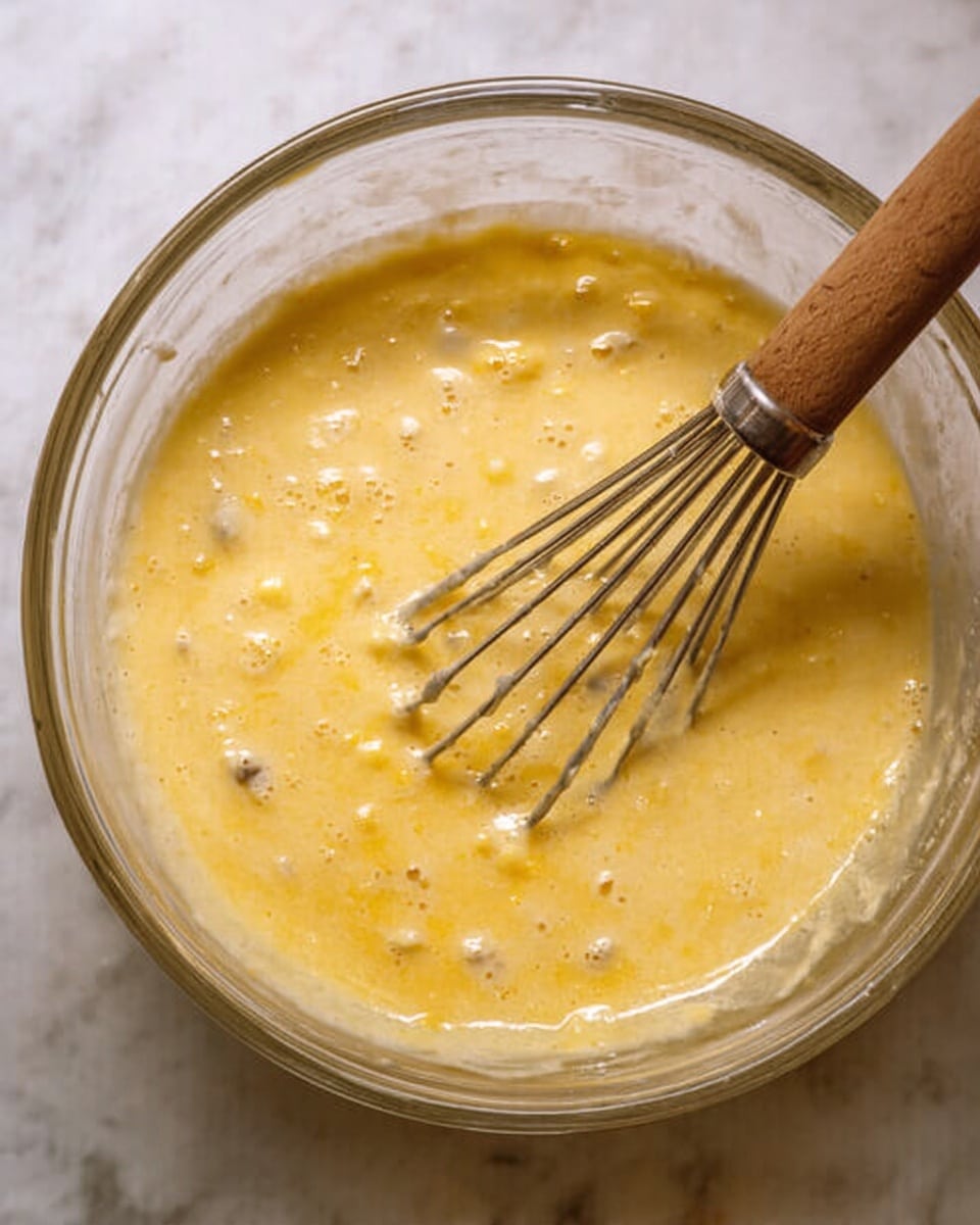 The image shows a clear glass bowl filled with a thick, yellow batter that has some small lumps and bubbles, giving it a slightly textured look. A metal whisk with a wooden handle is partly submerged in the batter, resting near the right side of the bowl. The batter’s yellow color is mixed with lighter foam spots and tiny darker bits scattered throughout. The bowl sits on a white marbled surface, which adds a clean and bright background to the scene. photo taken with an iphone --ar 4:5 --v 7