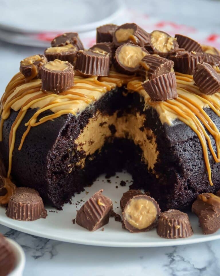 Chocolate Peanut Butter Bundt Cake with Chocolate Ganache and Reeses Cup Garnish Recipe