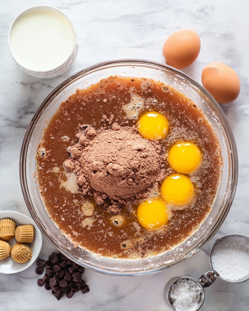 A large clear glass bowl sits on a white marbled surface, filled with a thick brown liquid base mixed with dry brown powder that sits in the center on top like a mound. Four whole raw eggs with bright yellow yolks float slightly on the right side of the bowl. Around the bowl on the surface, there are small dark brown chocolate chips and small peanut butter cups on the lower left, a small white bowl of milk next to a half cup of white granulated sugar with a silver measuring cup handle sticking out on the lower right. Photo taken with an iphone --ar 4:5 --v 7