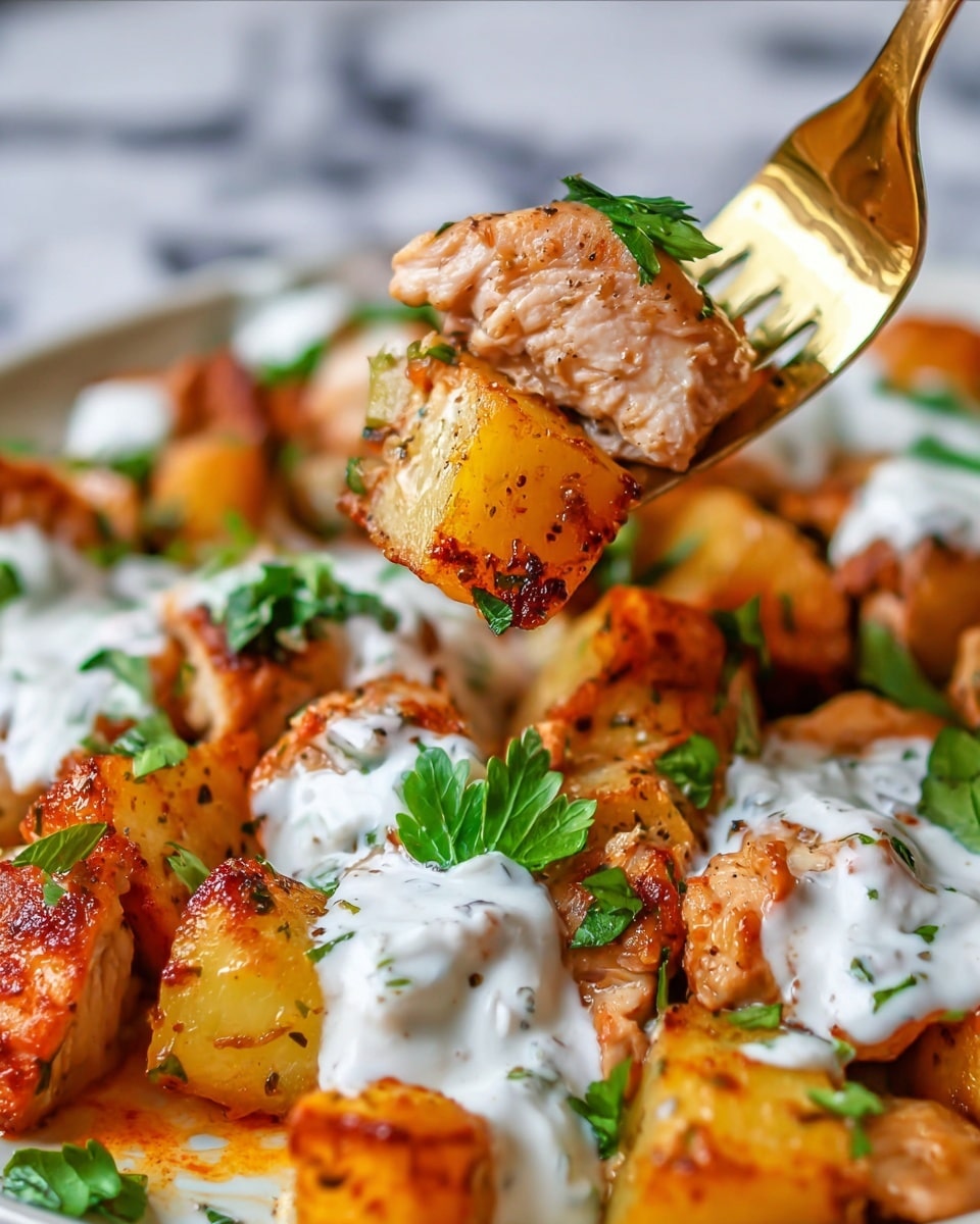 The image shows a close-up of a fork holding two browned pieces of cooked chicken and a golden potato chunk, all topped with a dollop of white creamy sauce and a small green leaf of parsley. Below the fork, the dish is made up of many chunky pieces of golden chicken and potato layered closely, each piece marked with a slightly crispy texture and roasted browning. White creamy sauce is spread in small dollops on top of many chicken pieces, and green parsley leaves are scattered across the dish, adding bursts of green color. The whole dish has a warm orange sauce base that gives a shiny surface. The background is a white marbled texture. photo taken with an iphone --ar 4:5 --v 7