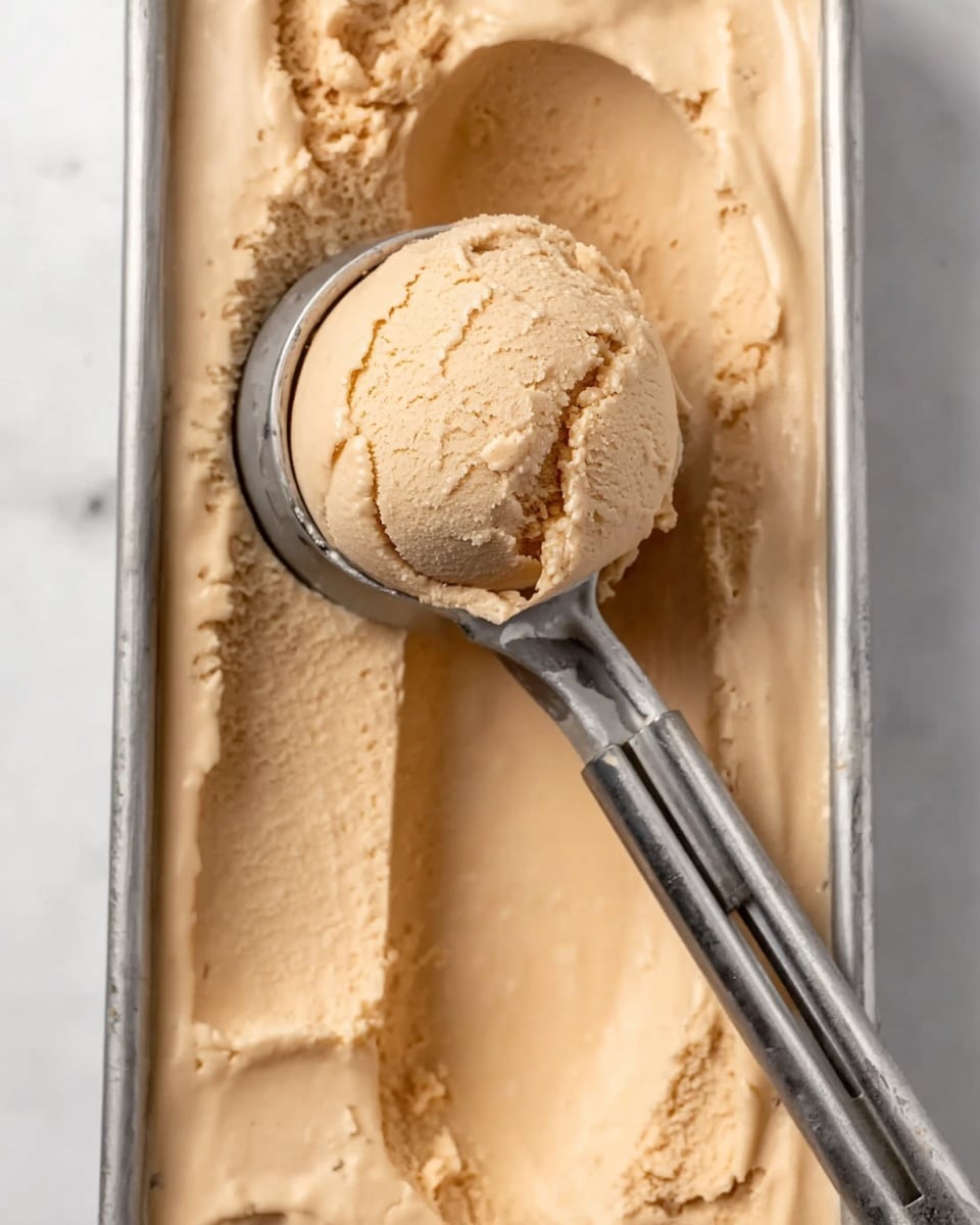 A metal ice cream scoop holds one rounded scoop of light tan ice cream, showing a smooth, creamy texture. The scoop rests inside a metal tray filled with the same light tan ice cream, which has a flat, even surface with a scoop taken out in the middle. The background is a white marbled texture. photo taken with an iphone --ar 4:5 --v 7