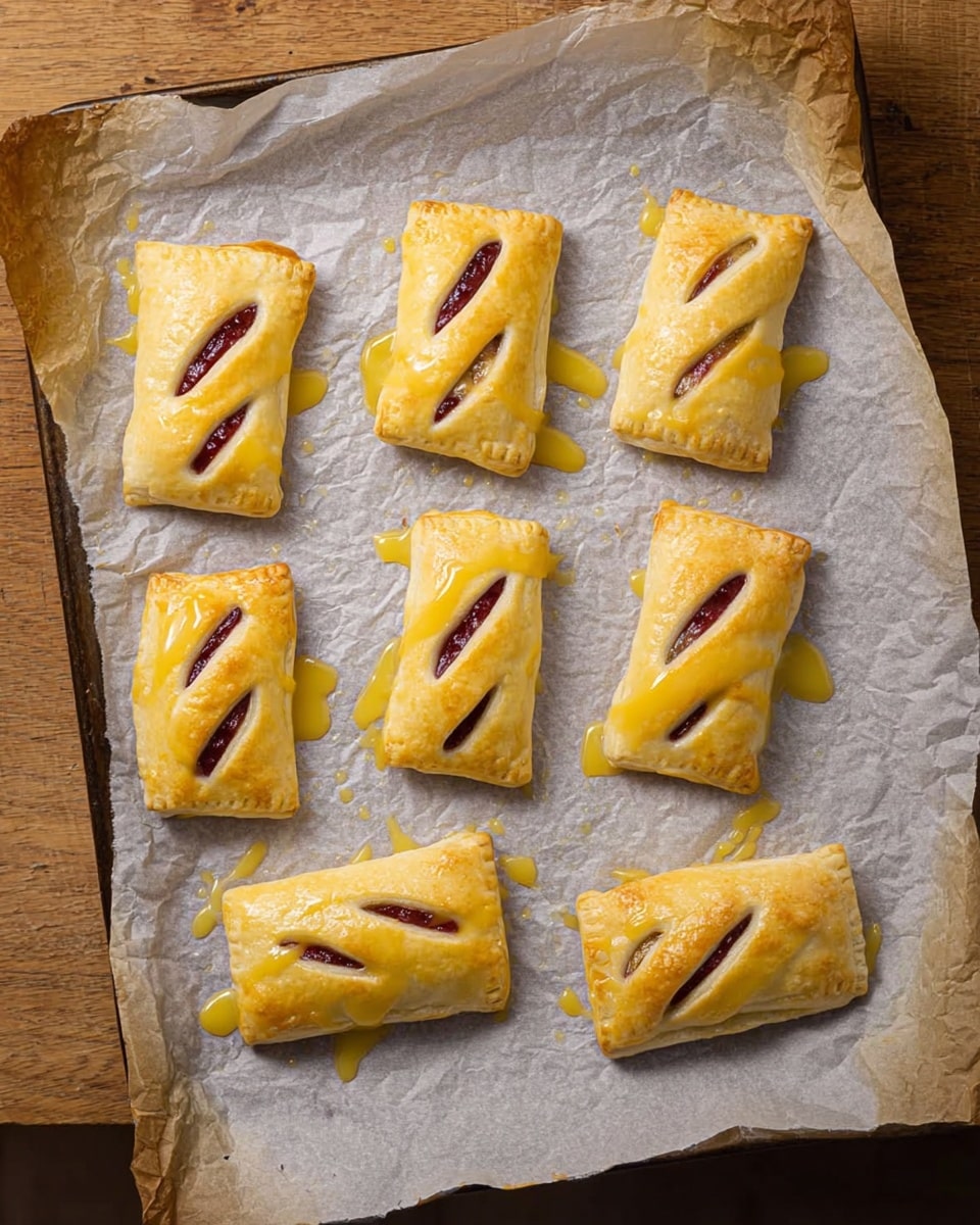 The image shows eight small rectangular pastries arranged on a tray covered with crinkled parchment paper. Each pastry is topped with a golden-yellow dough that shows three diagonal slits on the surface, revealing a dark red filling underneath. Some pastries have a little yellow glaze dripping down the sides onto the parchment paper. The tray rests on a wooden surface, with the focus clearly on the pastries and their shiny, smooth dough wrappers. photo taken with an iphone --ar 4:5 --v 7