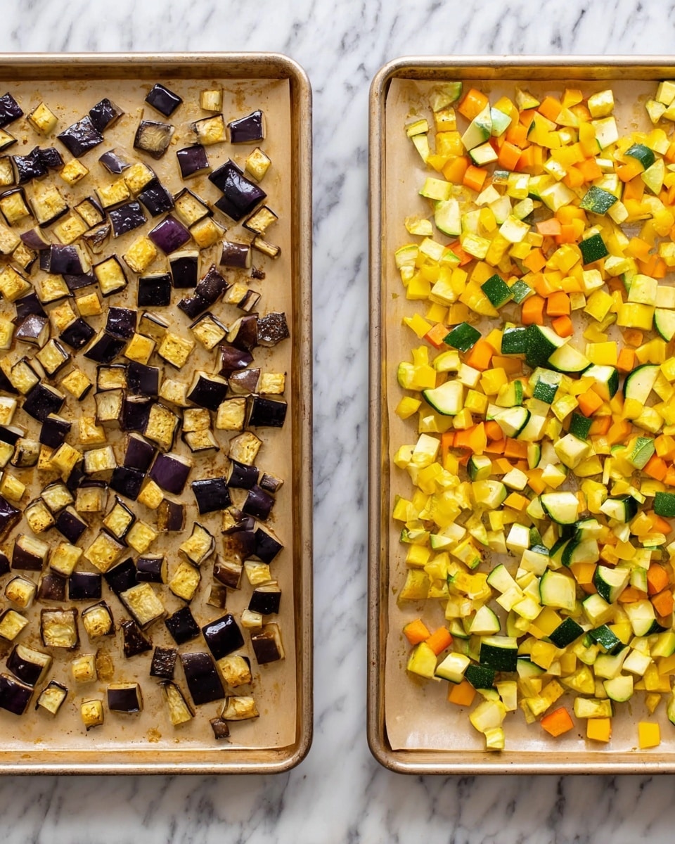 The image shows two baking trays lined with parchment paper, each filled with small, evenly spread roasted vegetables. The left tray contains roasted eggplant pieces that are light brown with dark purple skin edges, giving a mix of golden and deep purple colors. The right tray features a mix of diced yellow squash, green zucchini, and orange bell pepper, showing bright yellow, green, and orange colors. Both trays rest on a white marbled surface, and the vegetables have a slightly shiny, roasted texture. photo taken with an iphone --ar 4:5 --v 7