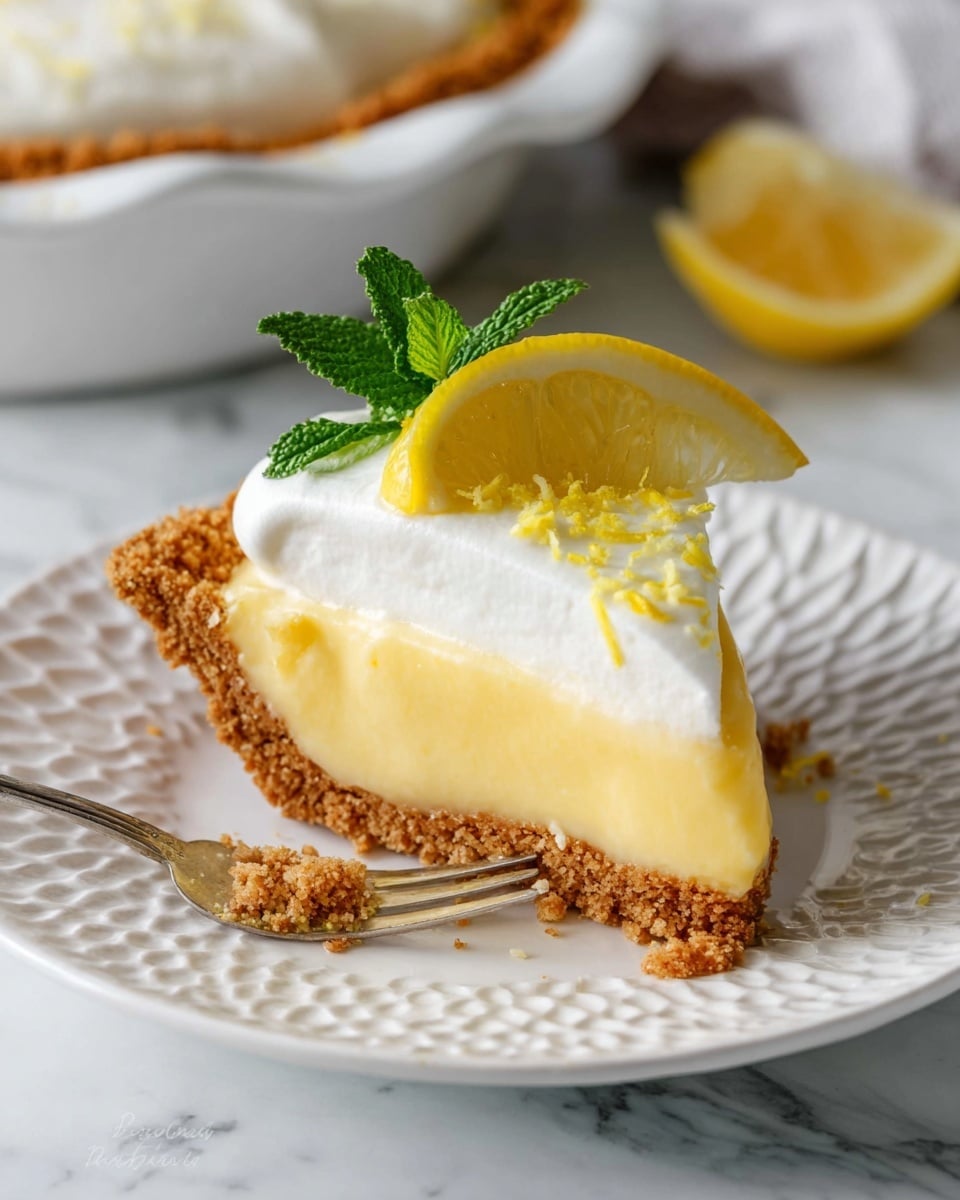A slice of lemon pie with three layers lies on a white plate that has a textured raised swirl pattern. The bottom layer is a crumbly brown crust. The middle layer is a thick, smooth pale yellow lemon filling. The top layer is a fluffy white whipped cream with small bits of yellow lemon zest sprinkled on it. On top of the cream sits a thin wedge of lemon and a small sprig of bright green mint leaves. A silver fork with traces of lemon filling rests on the edge of the plate. The scene is set on a white marbled surface with part of the pie dish visible in the background. Photo taken with an iphone --ar 4:5 --v 7