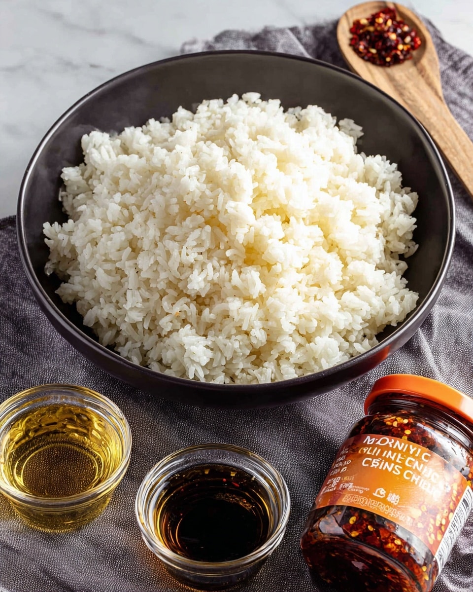 A black bowl is filled with a large pile of cooked white rice, showing fluffy and separated grains. Below the bowl, there are two small glass cups, one containing a golden liquid and the other darker liquid, both placed on a gray cloth. To the right of the cups is a jar of chili crunch sauce with an orange lid and a visible label. All items are set on a white marbled surface. photo taken with an iphone --ar 4:5 --v 7