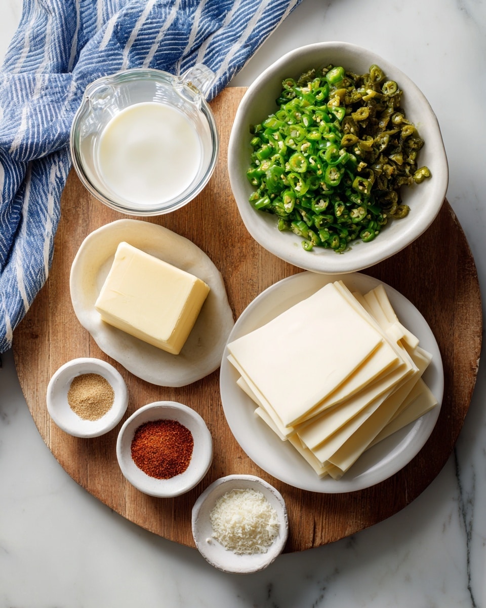 A round wooden board rests on a white marbled surface, holding several small white bowls and plates with ingredients. On the upper right, a white bowl is filled with chopped green chilies, showing a rough texture and olive green color. Below it, a white plate is stacked with thin, square slices of white American cheese arranged neatly in a row. To the left, a small clear glass bowl contains a square piece of pale yellow butter. Next to it, a clear measuring cup holds white milk. Below these, a small white dish has three separate piles of spices: light brown cumin, white garlic salt, and reddish cayenne pepper. A blue and white striped cloth slightly overlaps the top of the bowl with chilies. Photo taken with an iphone --ar 4:5 --v 7
