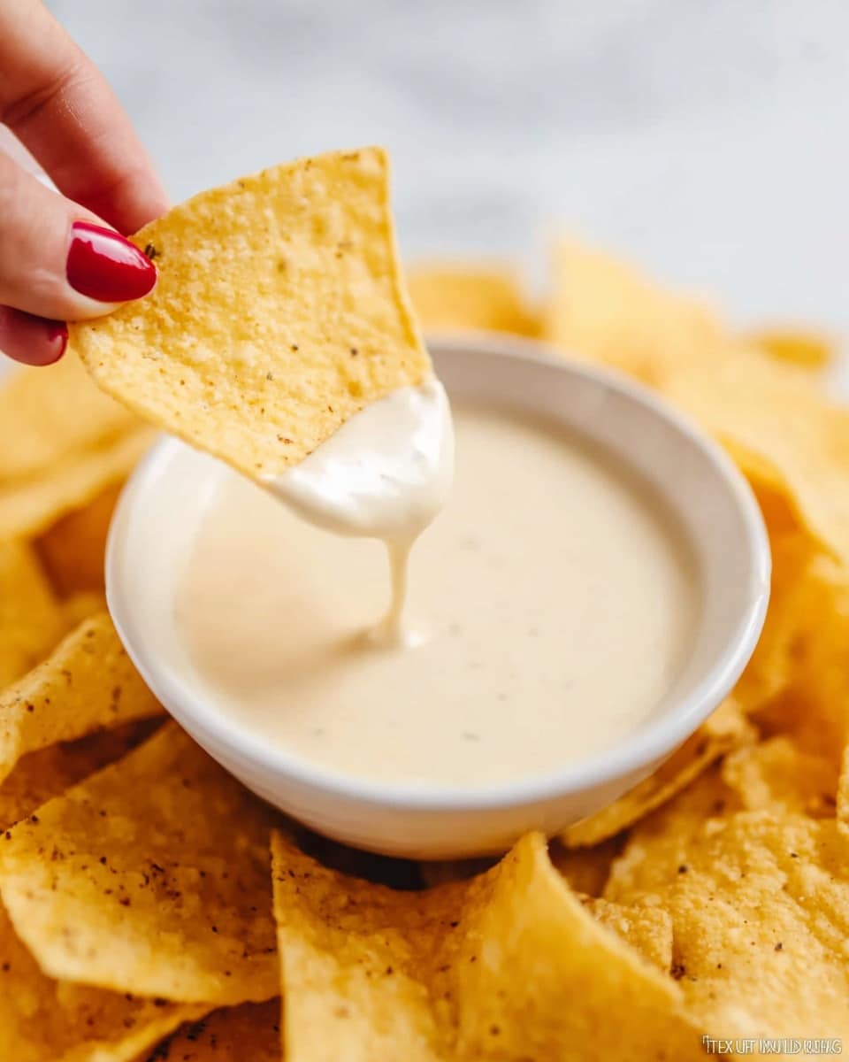 A close-up image shows a single yellow corn chip with small dark specs dipped halfway into a smooth, thick off-white sauce held above a white round bowl filled with the same sauce. Surrounding the bowl, there are many more yellow corn chips in a slightly uneven circle, all resting on a white marbled surface. A woman's hand with red-painted nails holds the chip from the upper left side, and part of the sauce is dripping off the chip back into the bowl. photo taken with an iphone --ar 4:5 --v 7