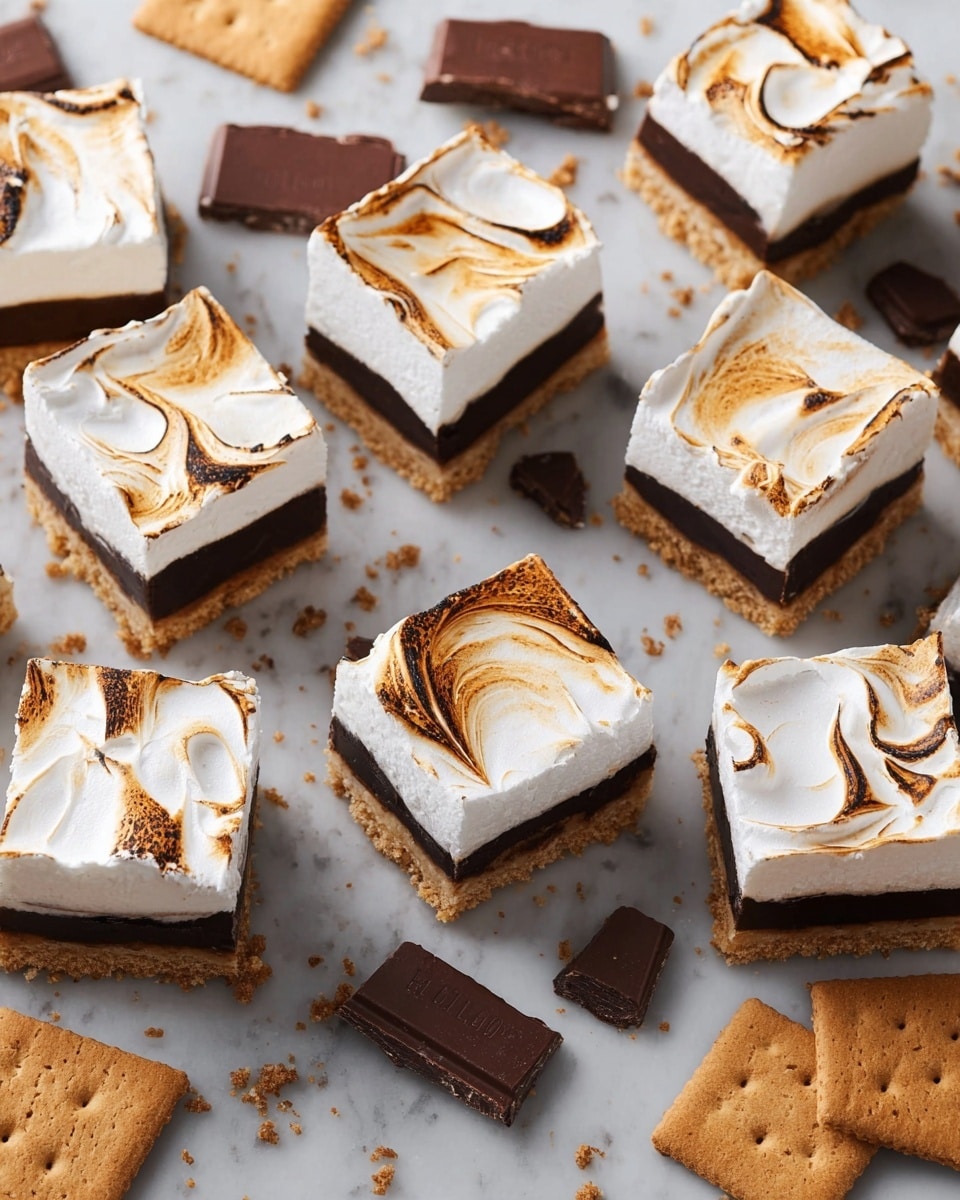 The image shows multiple square dessert bars arranged over a white marbled surface. Each bar has three clear layers: the bottom layer is crumbly and light brown, resembling a graham cracker crust; the middle layer is dark and smooth, like chocolate fudge; the top layer is thick, fluffy, and white with toasted golden brown swirls giving a toasted meringue look. Around the bars, there are scattered pieces of chocolate bars and broken graham crackers in light brown. The arrangement is neat with some bars turned to show the three distinct layers clearly. Photo taken with an iphone --ar 4:5 --v 7