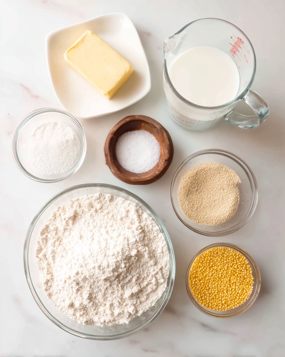 A top-down view of seven ingredients arranged on a white marbled surface, including a large clear glass bowl at the bottom filled with white flour that has a rough, powdery texture, a small square white plate at the top left holding a pale yellow solid butter piece, a medium clear glass measuring cup behind the butter filled with smooth white milk, to the right a tall clear glass measuring cup filled with clear water, front left a small round clear bowl filled with granulated white sugar, next to it a small round clear bowl with fine tan yeast granules, a small round wooden bowl in the center containing white granulated salt, and a small round clear bowl at the right with bright yellow cornmeal grains, photo taken with an iphone --ar 4:5 --v 7