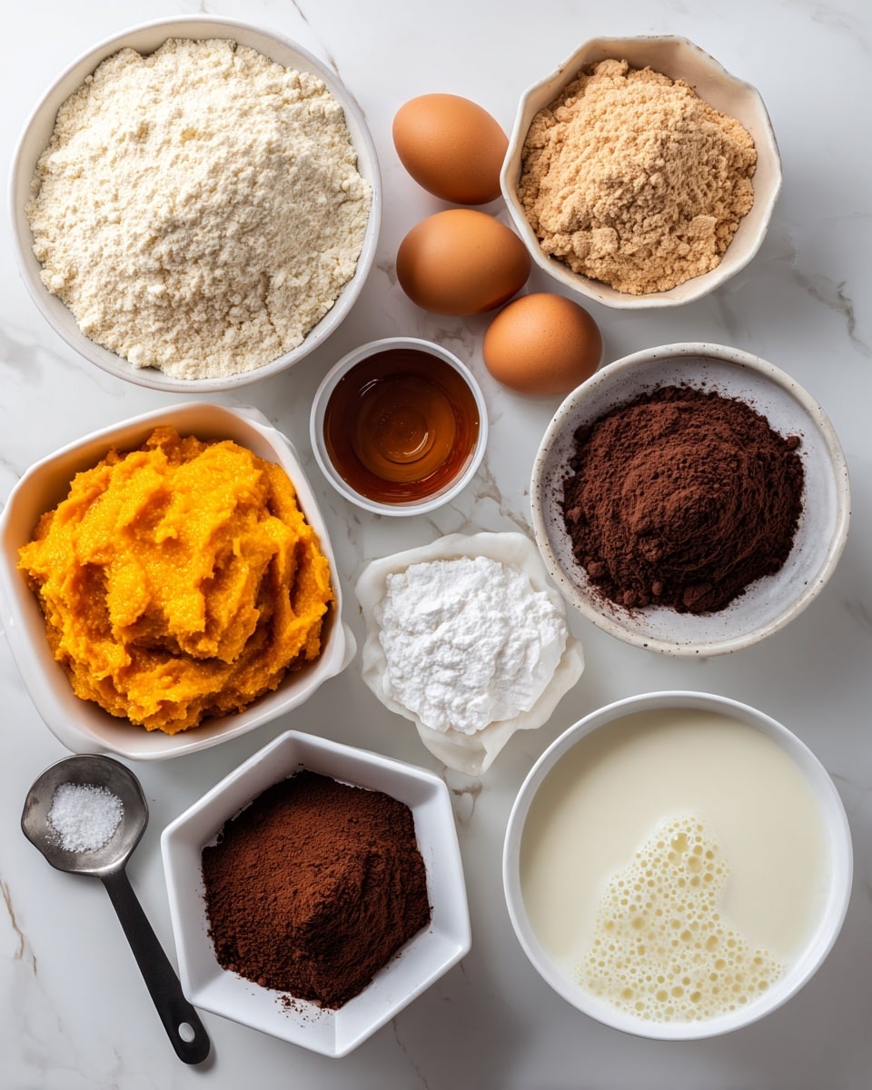 A white bowl filled with light beige almond flour sits on the left side, next to a white bowl of light brown protein powder above it. Near the center, three brown eggs are placed close to a small white bowl holding dark amber maple syrup. Below, a white bowl with bright orange pumpkin puree is on the left while a white hexagonal bowl with dark brown cocoa powder is next to it on the right. A small white bowl containing bright white tapioca flour and a small white plate with white baking soda and a small amount of salt are near the center-right. To the bottom right, a white bowl holds creamy white almond milk with bubbles on the surface, and beside it is a metal spoon with a black handle containing a small amount of dark vanilla extract. All elements rest on a white marbled surface. Photo taken with an iphone --ar 4:5 --v 7