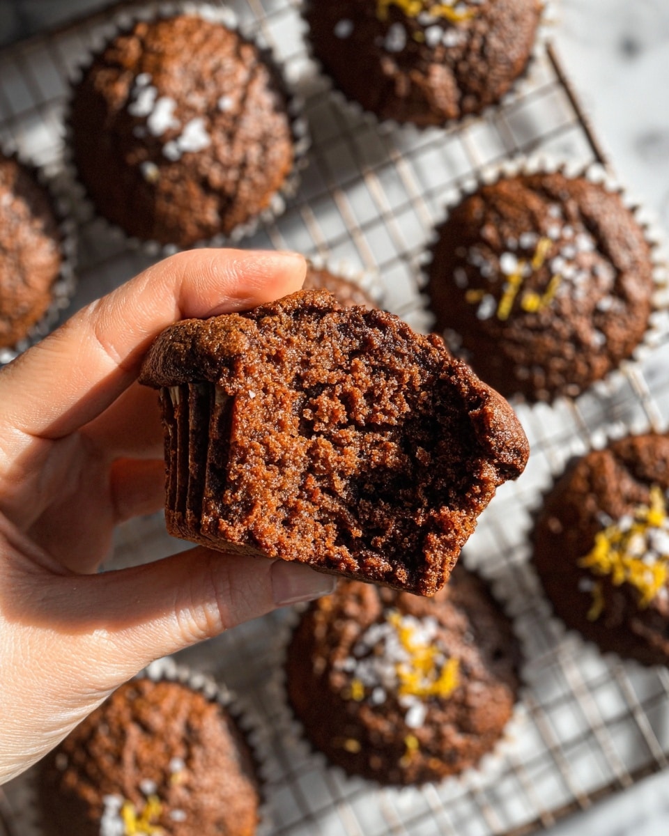 A close-up image shows a woman's hand holding a half-eaten chocolate muffin with a rough crumb texture inside, revealing a rich brown color. In the background, several whole muffins are cooling on a metal wire rack, each topped with a sprinkle of coarse sea salt and what looks like bright yellow zest pieces. The muffins have a slightly cracked surface, showing a moist and dense appearance. The scene is set on a white marbled texture surface, with warm natural light highlighting the textures and details of the muffins and the woman's hand. Photo taken with an iphone --ar 4:5 --v 7