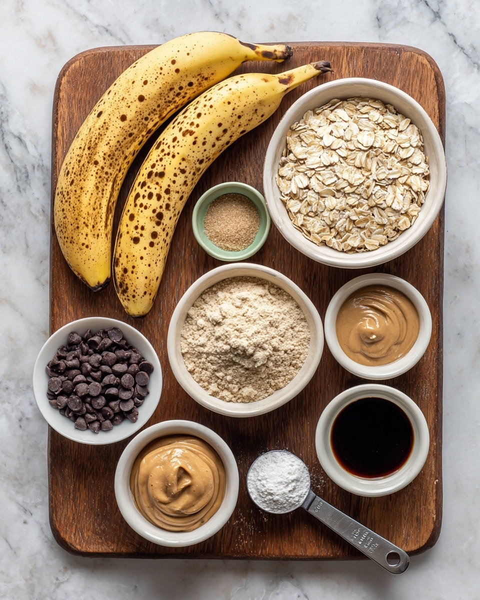 The image shows a wooden board on a white marbled surface with several white bowls and a measuring cup arranged neatly. On the board, there are two very ripe bananas with brown spots lying on top. A metal measuring cup filled with light beige rolled oats sits near the bananas. There is a small white bowl with light brown coconut sugar, a large white bowl filled with beige protein powder with crumbly texture, and a smaller white bowl holding dark brown cocoa powder. Another small white bowl contains mini chocolate chips that are dark brown and glossy. A bigger white bowl holds light brown nut butter with a smooth texture. A small greenish-white bowl nearby contains dark vanilla liquid. In the bottom right, a metal measuring spoon with white powder rests on the board. The photo was taken with an iphone --ar 4:5 --v 7