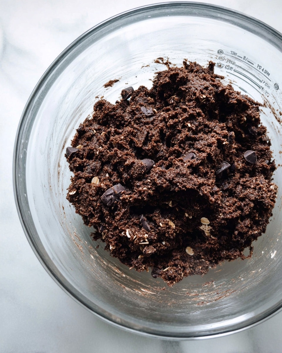 Inside a large clear mixing bowl, there is a thick, dark brown dough filled with small dark chocolate chips and light oats. The dough has a rough texture with uneven clumps piled in the center of the bowl. The bowl sits on a surface with a white marbled texture, and the measurements on the bowl are visible in the background. Photo taken with an iphone --ar 4:5 --v 7