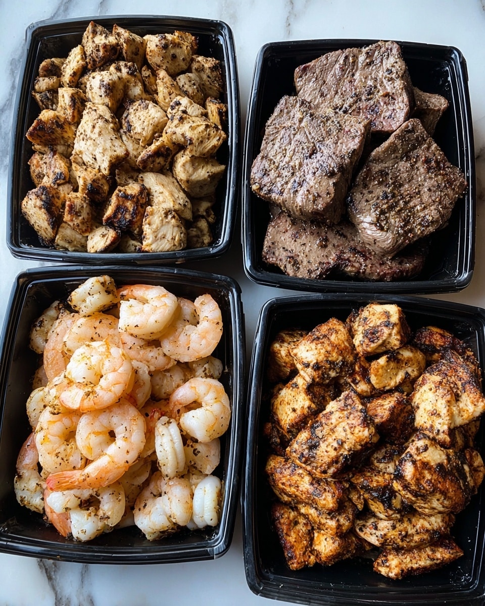 Four black rectangular containers are arranged on a white marbled surface. The top left container is filled with pieces of cooked chicken that are light brown with char marks. The top right container holds several large, flat pieces of cooked beef that are grayish-brown with visible black pepper seasoning. The bottom left container contains cooked shrimp with white and orange coloring and light char marks. The bottom right container also has light brown cooked chicken pieces with some darker browned areas and char marks. The containers are closely placed to each other in a square shape photo taken with an iphone --ar 4:5 --v 7