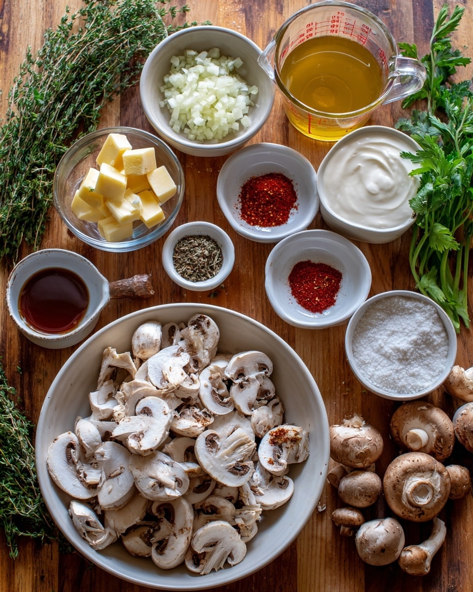 The image shows many cooking ingredients neatly placed on a wooden table with herbs on the side. In the center, there is a big white bowl filled with several slices of fresh mushrooms, light brown and white in color. Next to it, a small glass bowl contains finely chopped white onion. A white cup holds cream-yellow butter cubes. A small white ramekin contains brown tamari sauce, while another small ramekin holds red chili pepper flakes. A larger measuring cup filled with clear, golden chicken broth sits near the top right. Nearby, a white bowl has smooth white sour cream, and another has white milk. Various small bowls hold bright red Hungarian paprika, white flour, coarse salt, and dark pepper. Fresh green thyme, dill, and parsley sprigs are arranged around the scene, along with a handful of whole brown mushrooms at the bottom right. Everything is set on a wooden table with fresh herbs on the edges, ready for cooking photo taken with an iphone --ar 4:5 --v 7