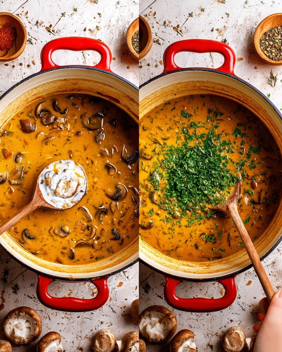 The image shows a top view of a white enamel pot with red handles filled with orange-brown creamy mushroom soup. The soup contains sliced brown mushrooms visible throughout the liquid. In the left part of the image, a wooden spoon held by a woman's hand scoops up the thick soup, stirring a dollop of white cream into the mixture. In the right part, a heap of finely chopped green herbs, like parsley, sits on the surface of the soup next to the wooden spoon. The pot sits on a white marbled textured surface with small bowls of spices and fresh mushroom caps scattered around. photo taken with an iphone --ar 4:5 --v 7