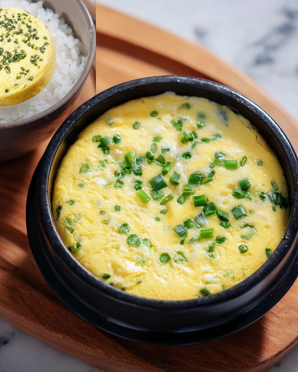 A close-up image shows a fluffy yellow steamed egg dish with green scallions mixed throughout. The egg is soft and slightly spongy with small bubbles on the surface, filling a black round pot. The pot sits on a wooden base, and the background is a white marbled texture. Photo taken with an iphone --ar 4:5 --v 7