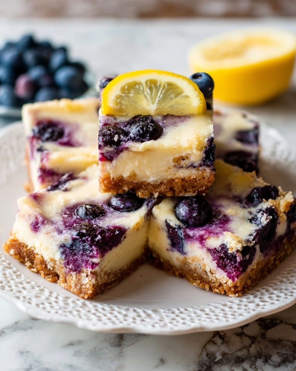 The image shows four squares of blueberry cheesecake bars on a white plate with a lacy rim. Each bar has three layers: a crumbly golden brown crust at the bottom, a creamy pale yellow cheesecake layer with swirls of deep purple blueberry, and fresh whole blueberries embedded inside and on top. One square is decorated with a thin slice of lemon on the cheesecake layer. The background is a white marbled texture. Photo taken with an iphone --ar 4:5 --v 7