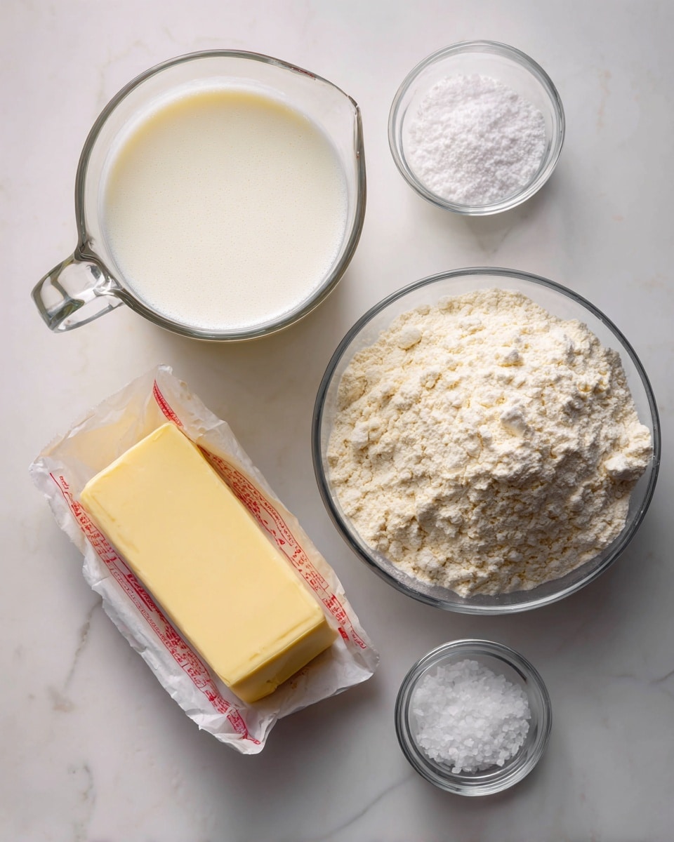 The image shows five baking ingredients placed neatly on a white marbled surface. At the top, there is a glass measuring cup filled with foamy buttermilk, pale creamy white in color, with a spout. Below it, there is a clear round bowl full of light beige all-purpose flour with a slightly rough texture. Beneath the bowl, a soft yellow stick of unsalted butter is wrapped in paper labeled with red text. To the left of the butter, a very small clear bowl holds a coarse white pile of kosher salt. To the right of the butter, another small clear bowl contains a fine white powder of baking powder. The items are arranged in a loose vertical line, evenly spaced. photo taken with an iphone --ar 4:5 --v 7