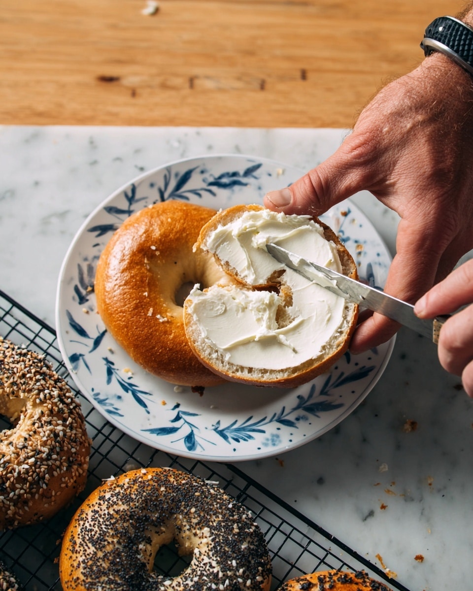 A round bagel sliced into two halves with a golden brown crust and soft, light inside is shown on a white plate with blue leaf patterns, placed on a white marbled surface. One half of the bagel lies on the plate with an even layer of white cream spread on top, while the other half is held by a man's dark-skinned hand wearing a black watch. The man uses a silver knife to spread the cream smoothly on the bagel half, showing the creamy texture and some small holes in the bread. In the lower part of the image, there are three more bagels, two covered with black and white seeds, resting on a black wire cooling rack. The photo taken with an iphone --ar 4:5 --v 7