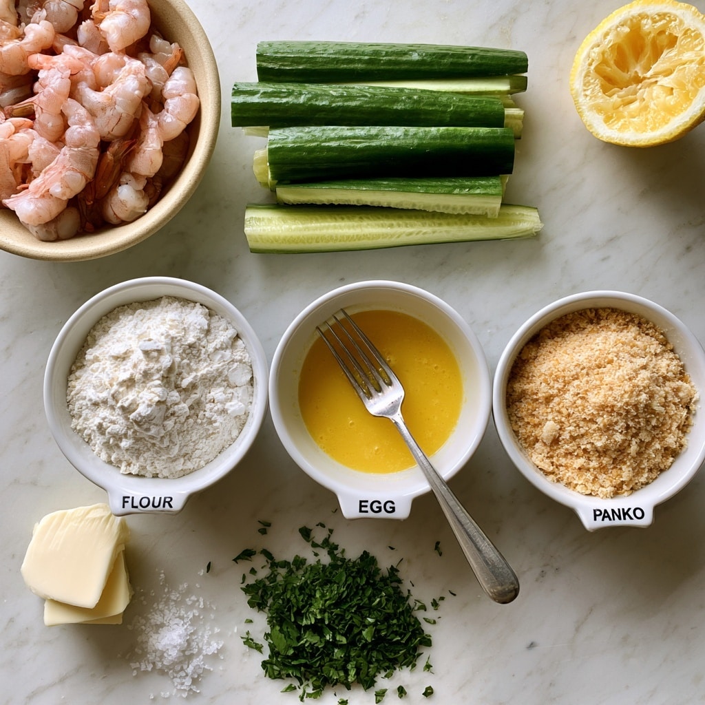The image shows ingredients neatly arranged on a white marbled surface, starting from the top left with a beige bowl full of pink shrimp. Next to it is a stack of peeled, long green cucumber slices. On the top right corner is a half lemon with bright yellow skin and juicy inside. Below, three white bowls are placed side by side: the first bowl on the left contains white flour with