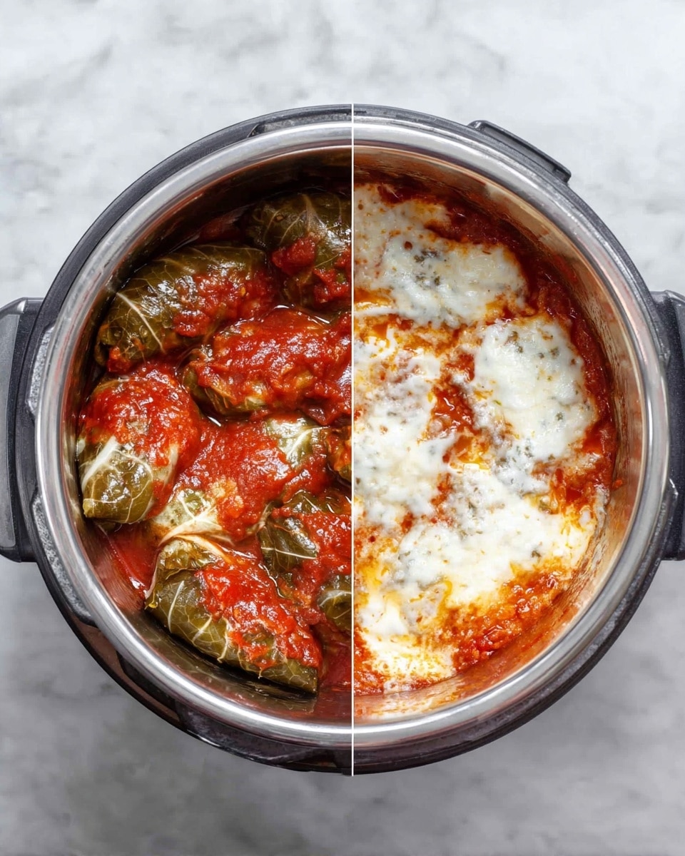Inside a round silver pot, there are two cooking stages shown side by side. On the left side, the first layer has green leaves wrapped around a white filling, all covered with red tomato sauce that has a slightly chunky texture. On the right side, the second stage shows the same wrapped items now topped with melted white cheese that is spread unevenly over a red sauce base, creating a mix of white and orange colors with some bubbling effects. The pot sits on a white marbled surface. Photo taken with an iphone --ar 4:5 --v 7