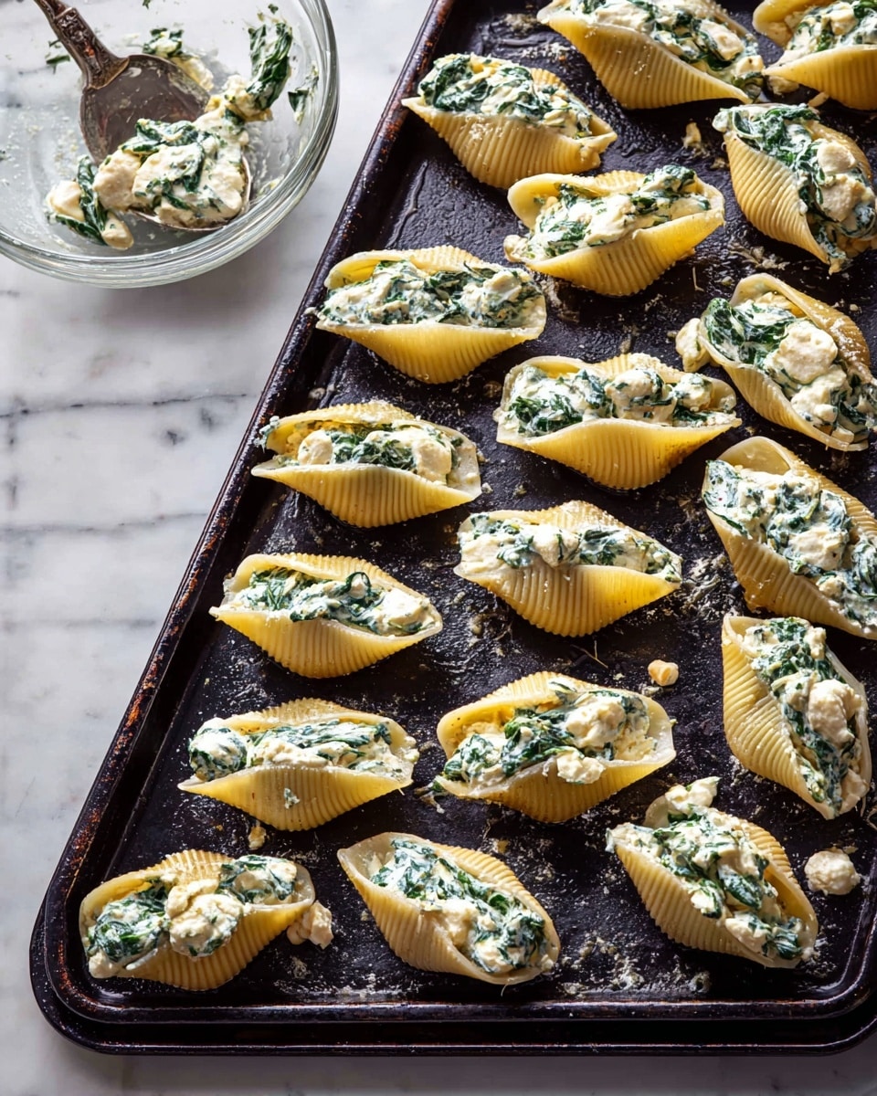 A dark baking sheet holds about 30 large pasta shells filled with a white, creamy cheese mixture and green spinach leaves visible inside and on top of each shell, arranged in several neat rows covering the surface. The pasta shells are a pale golden color with a slightly ridged texture. To the left side of the image, a clear glass bowl with a spoon is partially visible on a white marbled surface. The overall setting is bright and clean. photo taken with an iphone --ar 4:5 --v 7