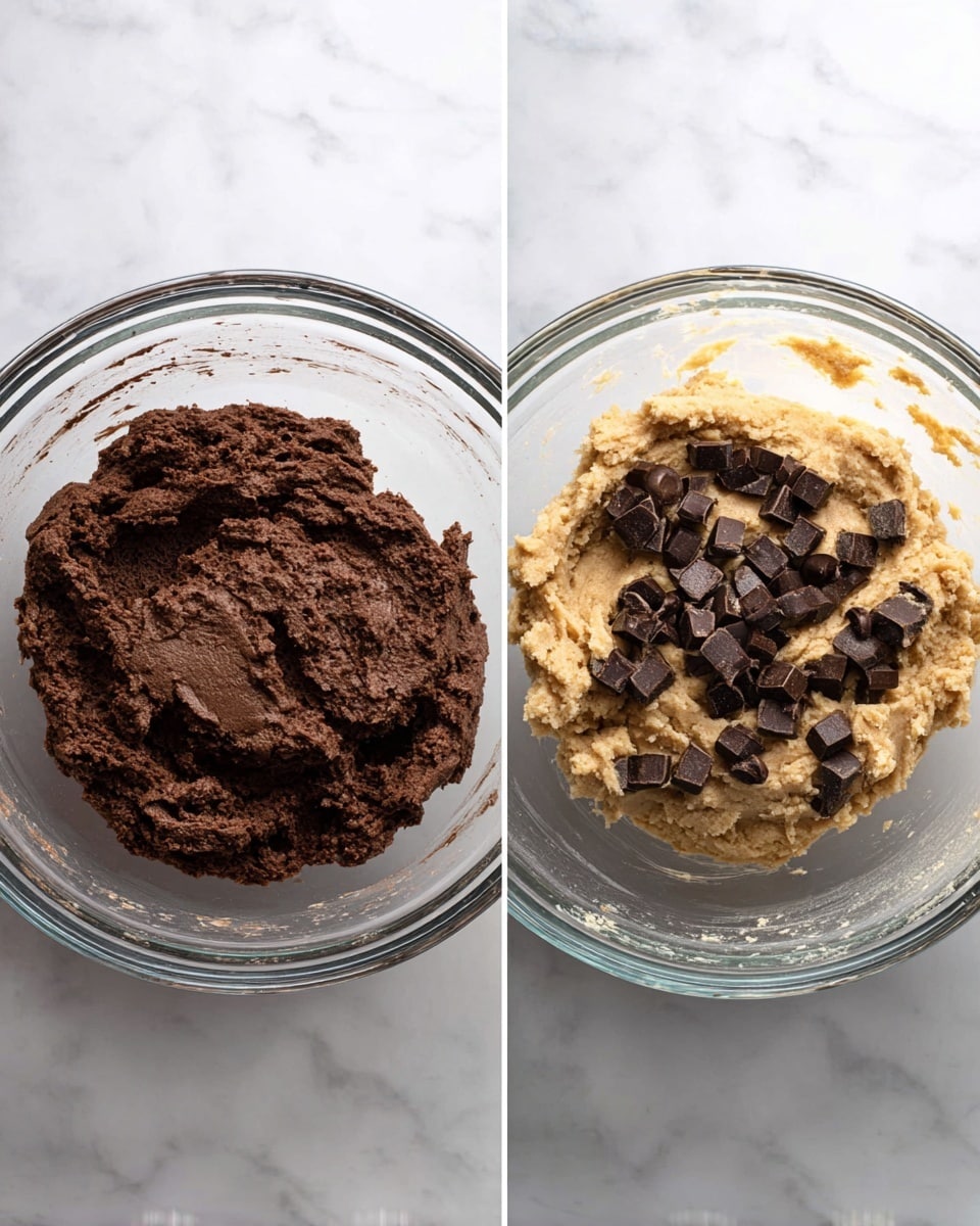 The image shows two clear glass mixing bowls placed on a white marbled surface, side by side. The left bowl holds a single thick layer of dark brown chocolate dough with a rough, dense texture, shaped neatly into a mound. The right bowl contains a lighter tan dough with a slightly crumbly texture, topped with many small, unevenly placed dark brown chocolate chunks, forming two distinct layers: the dough base and the chocolate pieces on top. Both bowls have some smudges of dough on the sides. photo taken with an iphone --ar 4:5 --v 7