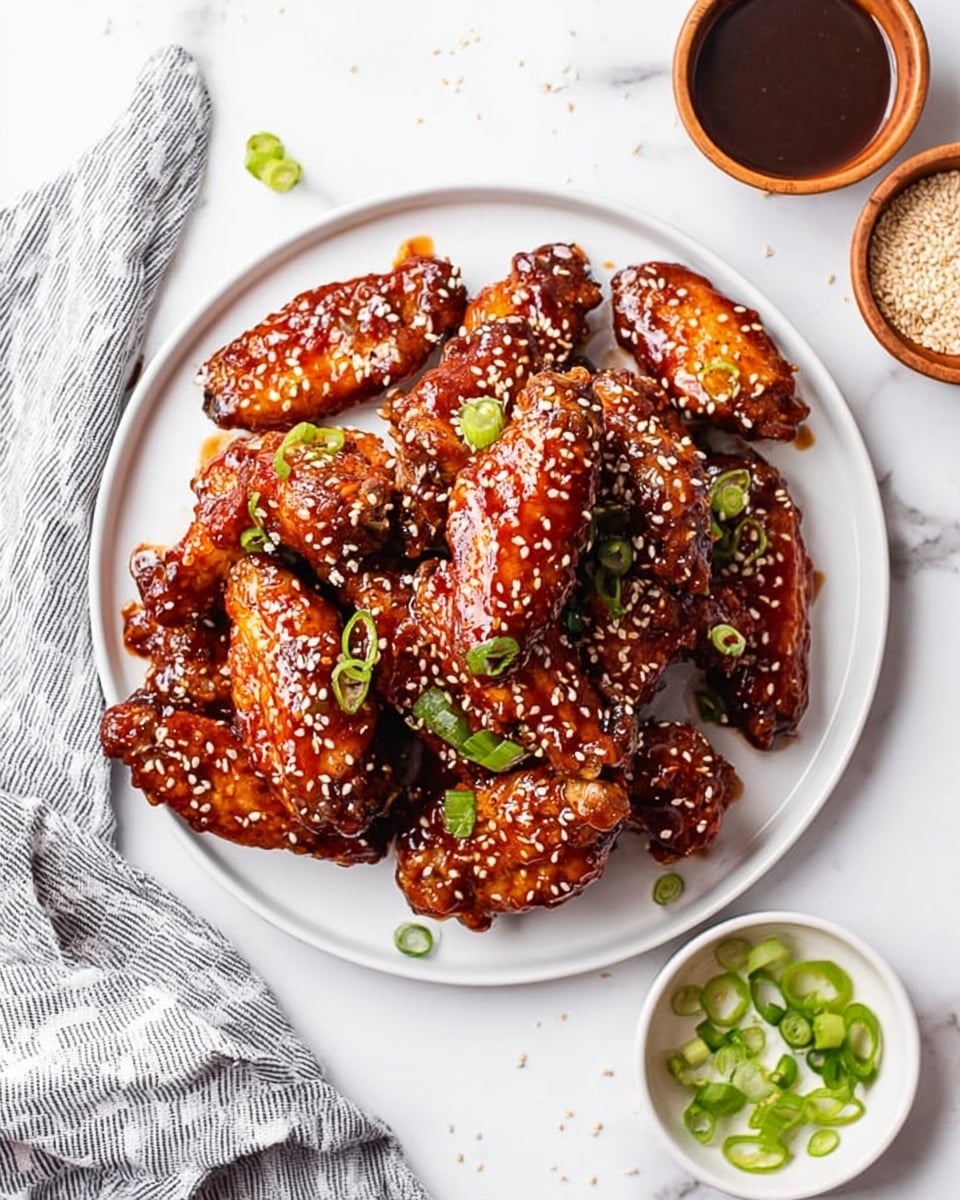 A white plate filled with about a dozen chicken wings coated in a thick, shiny, dark reddish-brown sauce. The wings are sprinkled with white sesame seeds and small green onion slices, giving a fresh contrast. The plate rests on a white marbled surface with a striped grey and white cloth to the left. Around the plate, there are three small round bowls: one with dark sauce, one with sliced green onions, and one with sesame seeds. The overall look is clean and bright. photo taken with an iphone --ar 4:5 --v 7