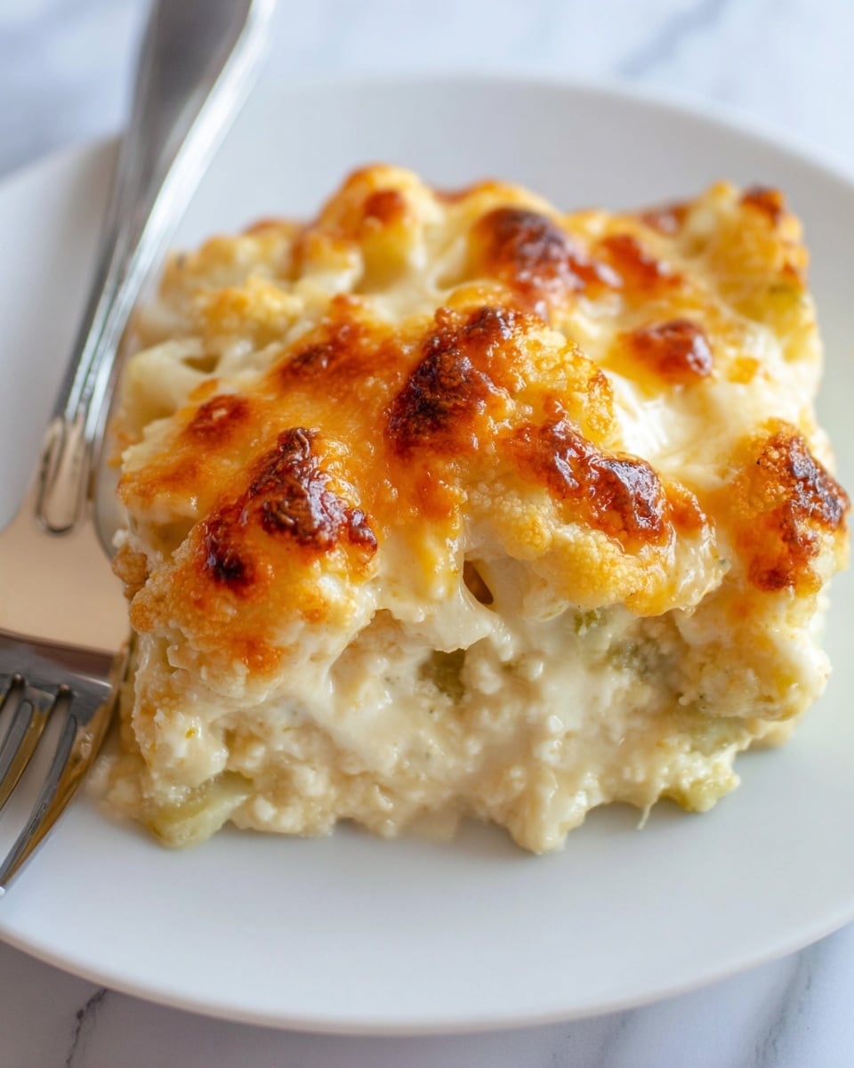 A close-up of a creamy casserole slice on a white plate with a shiny fork on the top left. The casserole has two main layers: a golden-brown baked cheese crust on top with glossy, slightly browned spots, and a thick, creamy white cheesy layer underneath that looks soft and smooth. The texture shows some small bits of cauliflower and a rich cream sauce mixed inside. The background is a white marbled surface, giving a clean look around the plate. photo taken with an iphone --ar 4:5 --v 7