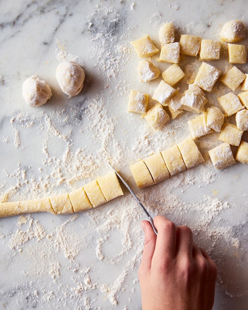 A close-up view of a white marbled surface dusted with flour shows a woman's hand using a small knife to slice a long, rolled piece of dough into small square pieces. There are two small dough balls on the top left, and many small dough squares scattered around the upper right area, all lightly dusted with flour. The dough is pale yellow with a smooth texture, and the flour creates a white powdery contrast on the marbled surface. photo taken with an iphone --ar 4:5 --v 7