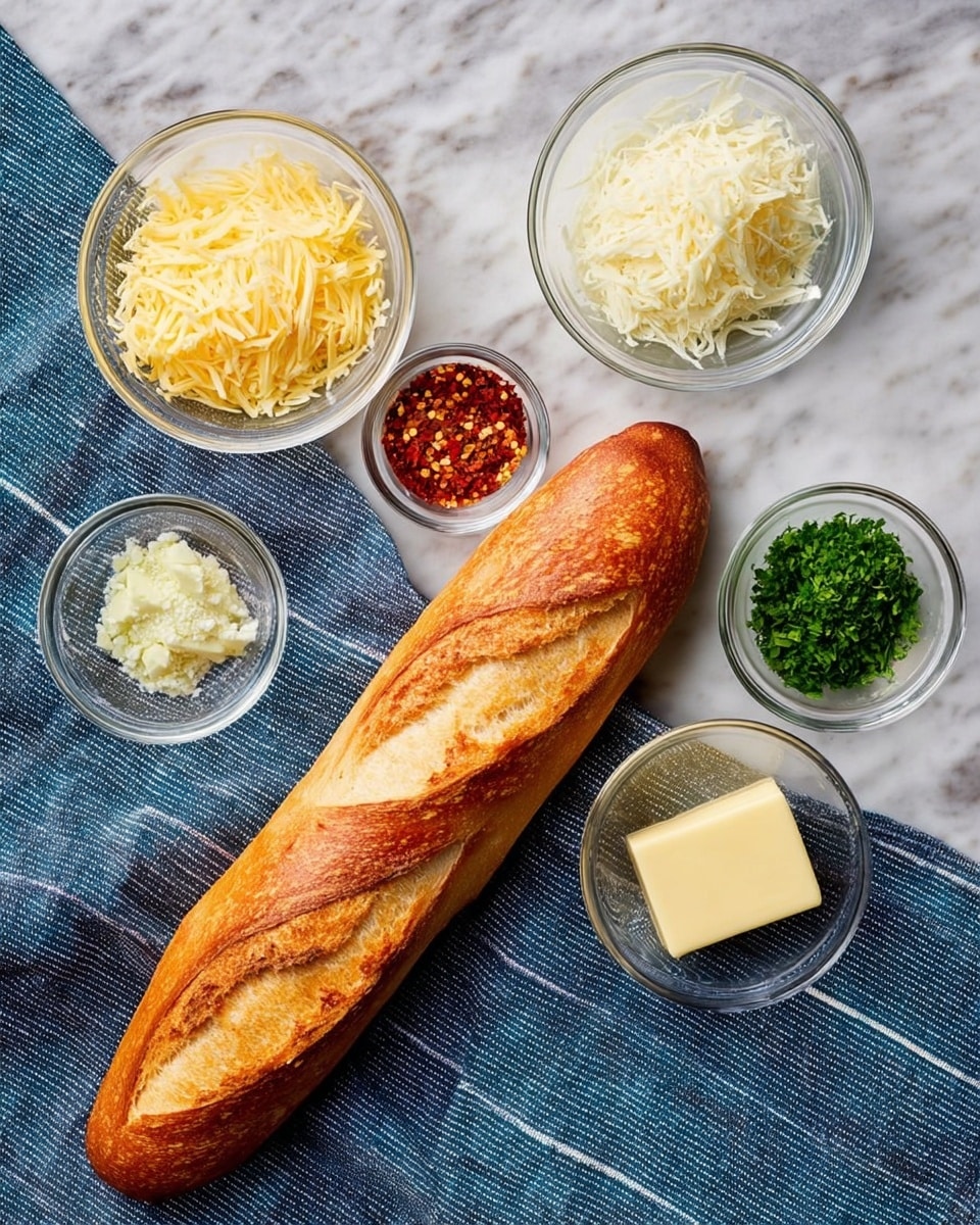 A fresh, golden brown baguette rests diagonally on a blue striped cloth at the lower left corner on a white marbled surface. Surrounding the baguette are six small clear glass bowls arranged in a loose circle: the upper left bowl is filled with pale yellow shredded cheese, the upper right bowl contains white shredded cheese, the middle left bowl has red chili flakes, the middle right bowl holds finely chopped green herbs, the bottom right bowl is filled with minced garlic, and the bottom center bowl contains a block of pale yellow butter. photo taken with an iphone --ar 4:5 --v 7