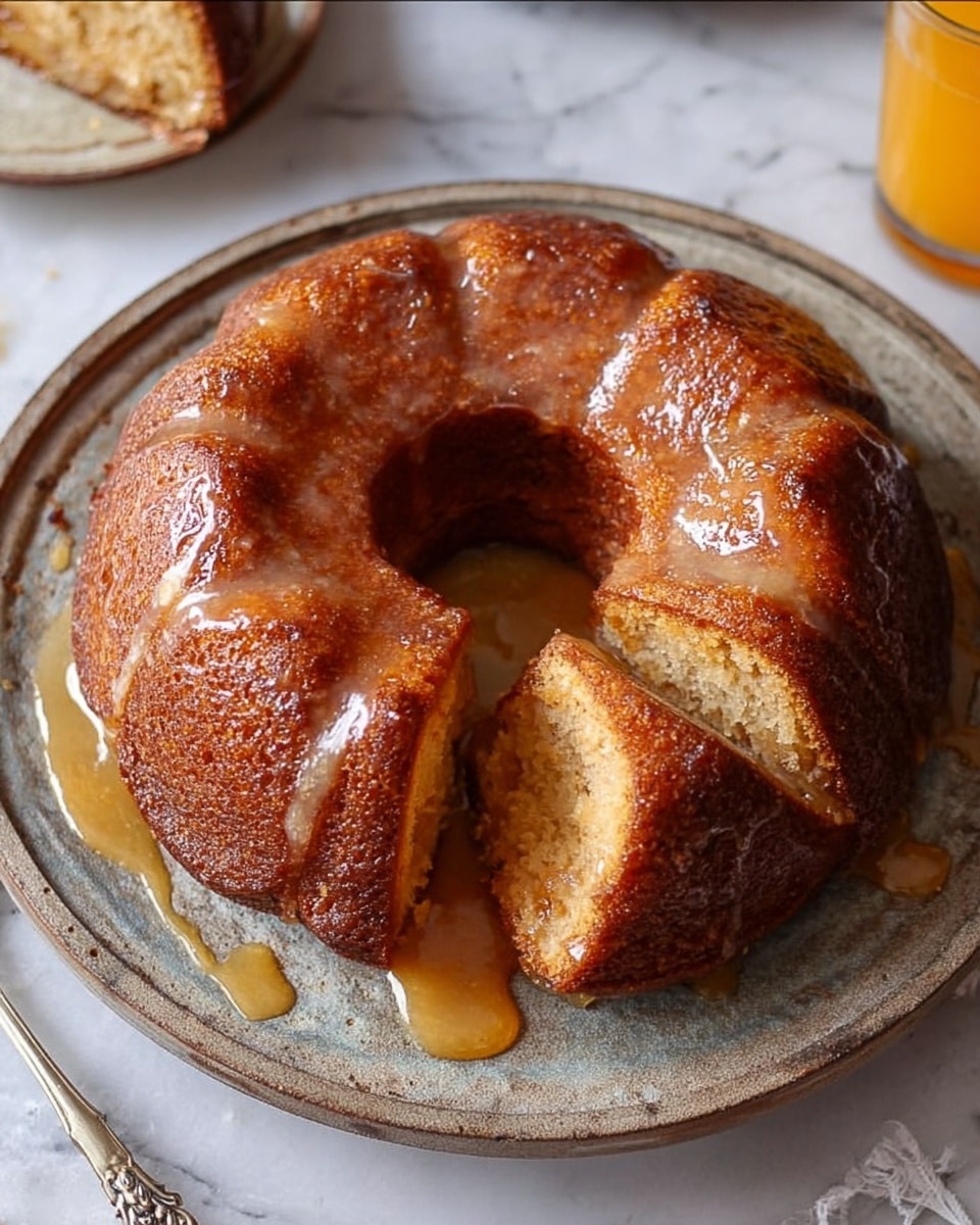 A round, golden-brown bundt cake with a shiny glaze on top sits on a rustic plate, with one slice cut out and slightly pulled away to show the soft, light inside. The glaze drips down the sides and pools a little on the plate underneath. The background is a white marbled texture, and a small part of an orange juice glass can be seen in the upper right corner. A woman's hand is gently holding the cut slice. Photo taken with an iphone --ar 4:5 --v 7