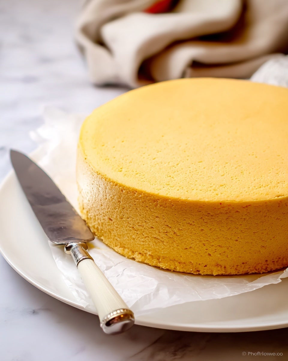 A smooth, round cheesecake with a golden yellow color sits on a white plate lined with parchment paper. The cake has a dense, creamy texture with a slightly matte finish on the sides and top. Next to the cheesecake on the plate is a butter knife with a white handle and silver blade. The surface beneath the plate is a white marbled texture, and a blurred cloth is seen in the background. photo taken with an iphone --ar 4:5 --v 7