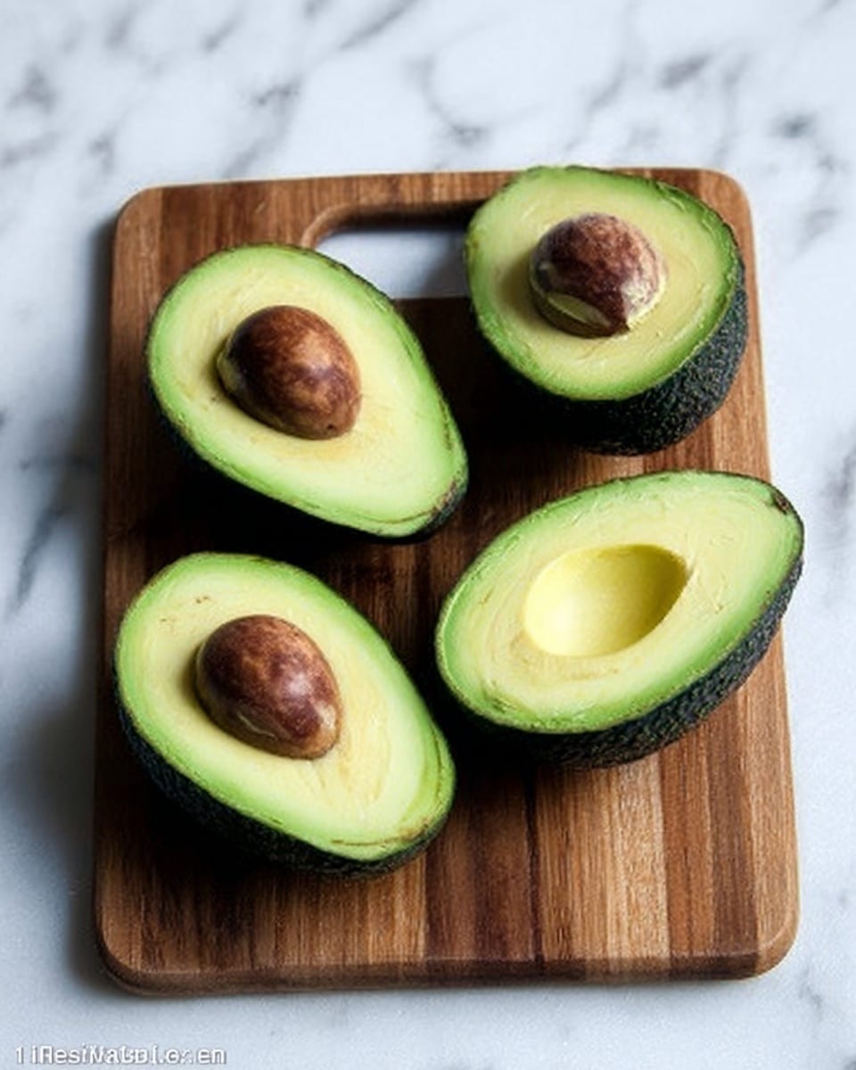 The image shows a wooden cutting board with four avocado halves placed on it. Two of the halves still have the brown seed inside, while the other two have the seed removed, revealing the smooth green flesh. The outer skin of the avocados is dark green and textured. The wooden cutting board has a handle on one side, and the background is a white marbled surface. photo taken with an iphone --ar 4:5 --v 7