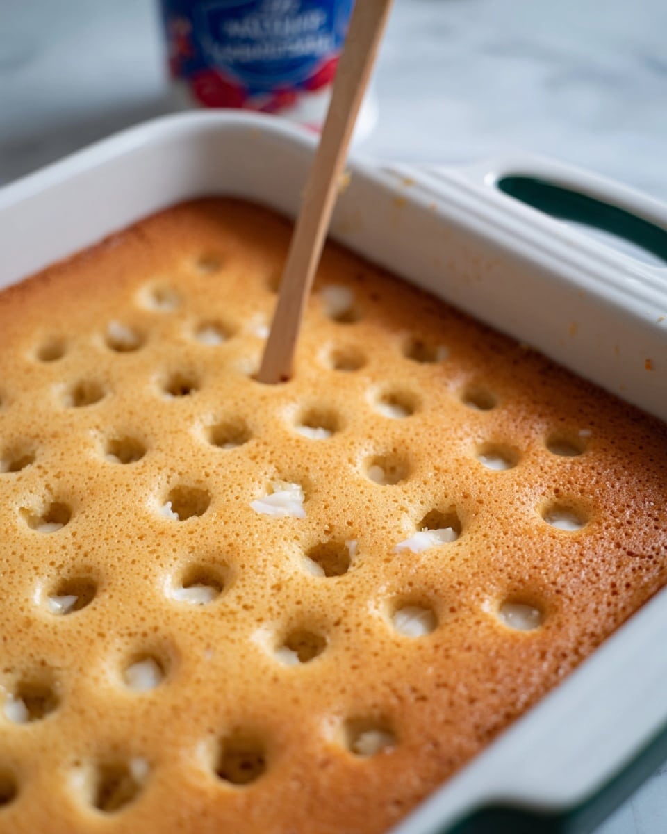 A golden brown baked cake layer fills a white rectangular baking dish with green handles. The cake surface has many evenly spaced holes poked into it, some with crumbs around their edges. A wooden stick is gently pressing into one of the holes. In the blurred background, there is a container with blue and red label sitting on a white marbled surface. photo taken with an iphone --ar 4:5 --v 7