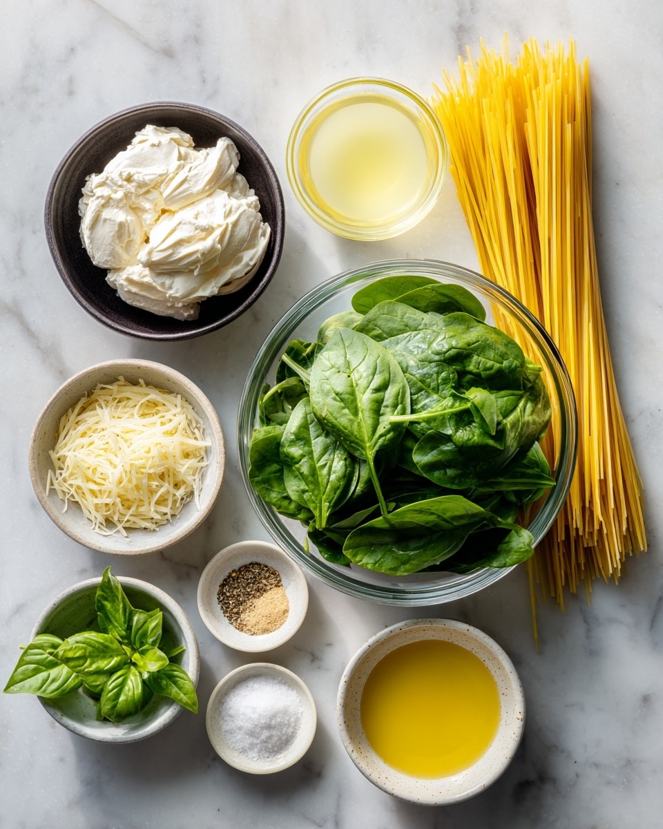 A top-down view shows several bowls and ingredients arranged on a white marbled surface. On the top left, a dark bowl holds soft white silken tofu with a smooth and slightly crumbly texture. In the center top, a small clear bowl contains pale yellow lemon juice. To the right, uncooked yellow pasta sticks lay flat. Below the pasta, a large clear bowl is filled with fresh green spinach leaves that look crisp and lightly veined. Below the tofu on the left is a small clear bowl with bright green basil leaves. Next to basil are three small white bowls with white salt, black pepper, and light tan garlic powder, arranged neatly. Below that is light grated parmesan cheese in a clear bowl. In the middle bottom, a small white bowl holds golden yellow extra virgin olive oil. The scene is clean and organized, with a fresh and natural look. Photo taken with an iphone --ar 4:5 --v 7