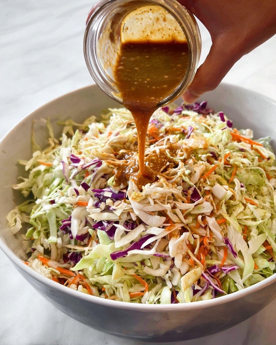 A white bowl filled with layers of shredded vegetables, mainly light green cabbage, with some thin strips of purple cabbage and small pieces of orange carrot scattered throughout. A woman's hand is pouring a thick brown sauce from a small clear jar over the top. The bowl sits on a white marbled surface, and the vegetables look fresh and crisp, with the sauce slowly spreading on top. photo taken with an iphone --ar 4:5 --v 7