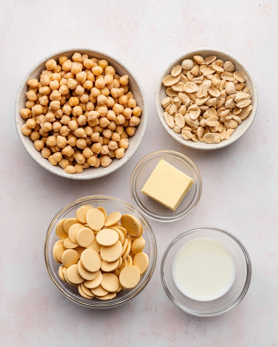 The image shows five small white bowls on a white marbled surface, each containing a different ingredient. The largest bowl on the left is filled with light brown chickpeas, smooth and round. Above and to the right is a bowl with light beige peanuts, some whole and some broken, with a slightly rough texture. Below the peanuts is a bowl filled with pale yellow round chocolate discs, smooth and flat. To the right of the chocolate discs is a small clear glass bowl with a square of pale yellow butter. Below the butter bowl is another small clear glass bowl containing white milk. photo taken with an iphone --ar 4:5 --v 7