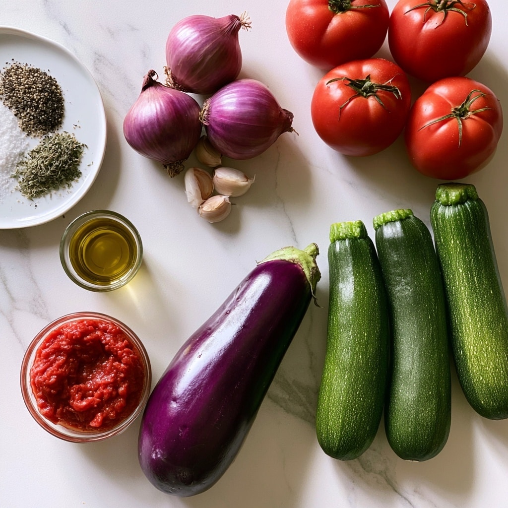 The image shows fresh ingredients laid out on a white marbled surface. There are four red tomatoes grouped together on the top right, three green zucchinis placed side by side on the bottom right, and a shiny purple eggplant positioned diagonally near the center bottom. Near the top center, three red onions and a few garlic cloves are arranged close to each other. A small glass bowl with red tomato paste sits near the bottom left, next to a small glass of golden olive oil. Finally, a white plate with salt, black pepper, and herbs de Provence is on the far left side. All ingredients are carefully spaced and clearly visible photo taken with an iphone --ar 4:5 --v 7