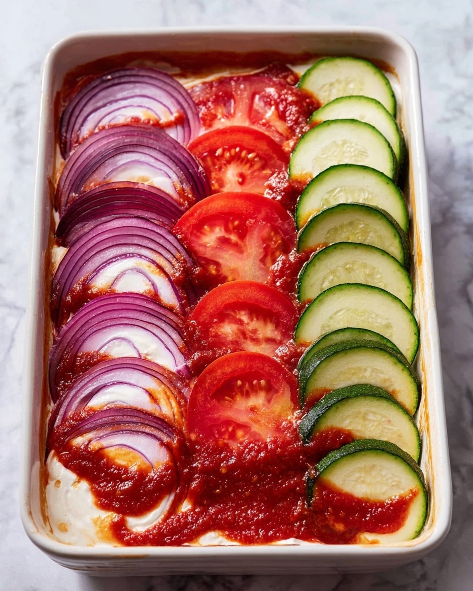This dish is shown in a white rectangular baking dish placed on a white marbled surface. It has three visible layers of sliced vegetables arranged vertically on one side. The first layer has sliced red onions with a smooth texture and vibrant purple color. Next to it, a layer of thick red tomato slices with juicy centers is arranged. In front, there is a layer of round, light green zucchini slices with darker green edges. The rest of the dish surface shows a spread of thick red tomato sauce mixed with creamy white sauce, creating a swirled pattern. Photo taken with an iphone --ar 4:5 --v 7