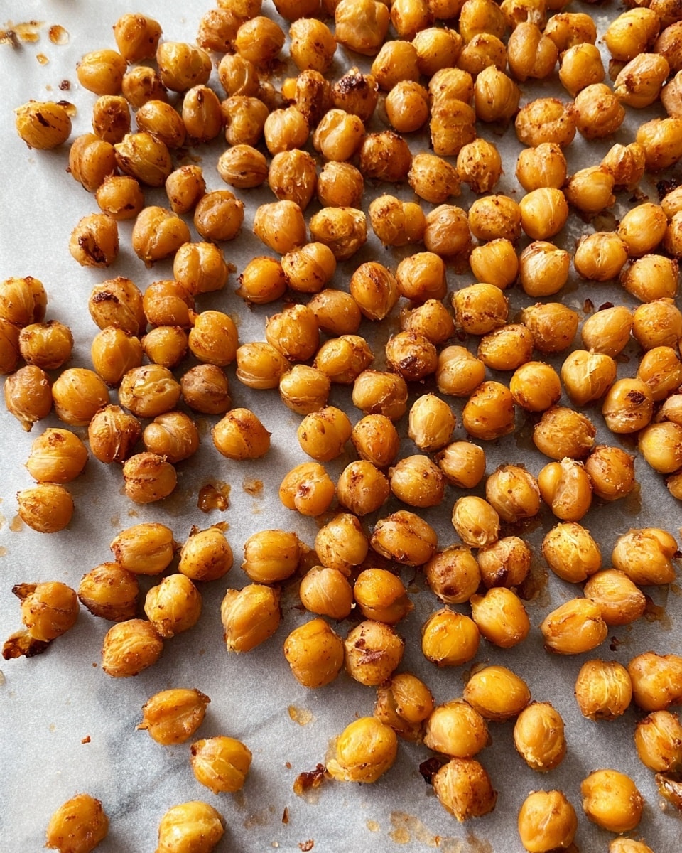 The image shows a single layer of golden-brown roasted chickpeas spread out evenly over a light gray parchment paper. Each chickpea is small, round, and slightly crisp on the outside, with some showing darker spots indicating roasting. The texture looks crunchy with some small burnt bits scattered around the chickpeas. The background is a white marbled surface. photo taken with an iphone --ar 4:5 --v 7