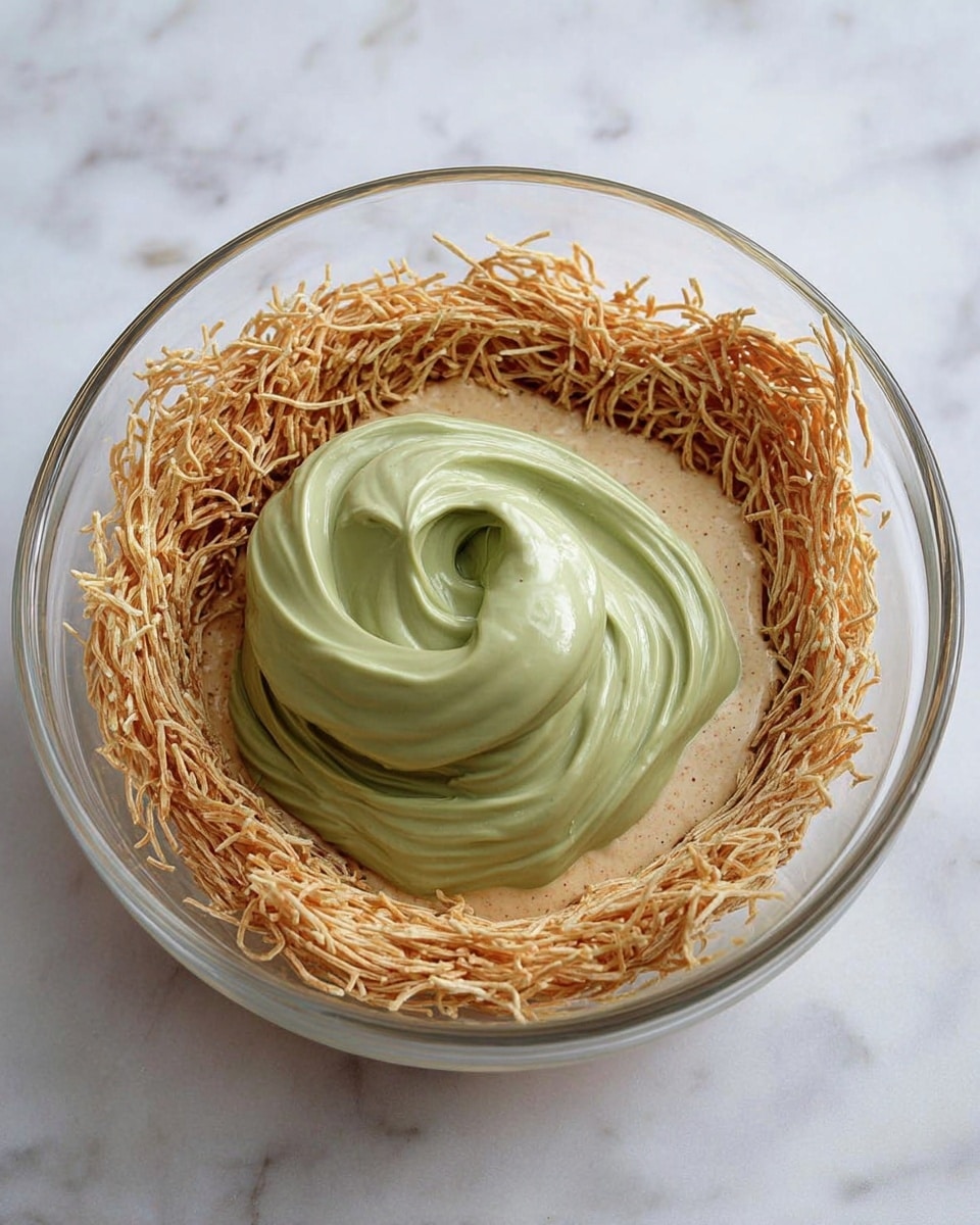 A clear glass bowl sits on a white marbled surface, filled with three distinct layers: the bottom layer is a light beige creamy sauce partially soaked into thin, golden-brown noodle-like strands that form a nest around the edges, while a large swirl of smooth, thick green cream is placed on top center, showing a velvety texture with soft peaks and curves. photo taken with an iphone --ar 4:5 --v 7