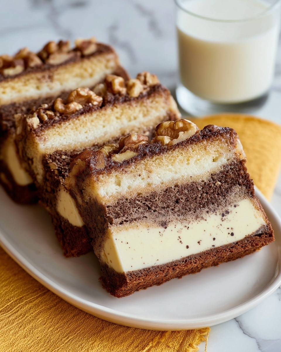 A white rectangular plate holds a loaf of nut bread with a rough dark brown top covered with chopped walnuts. The loaf is sliced, revealing a light brown inside with a creamy white layer running through the middle. One slice is lying flat in the front of the plate, showing the layered texture clearly. The plate sits on a yellow cloth napkin that has a white mesh edge, all on a white marbled surface. To the right, there is a clear glass jar filled with milk and a white plate with two silver forks resting on it. Photo taken with an iphone --ar 4:5 --v 7